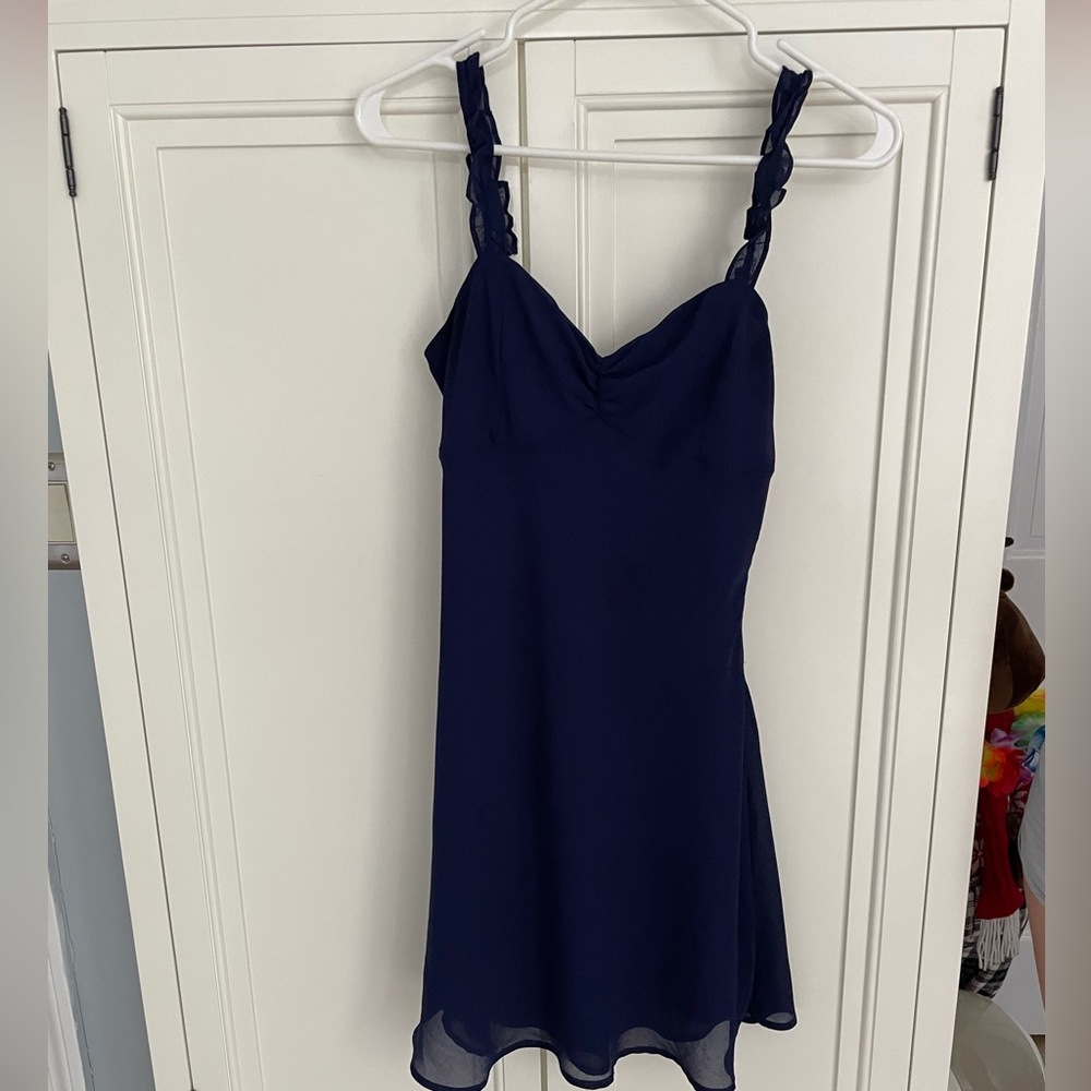 Navy blue flowy dress with cinch top and adjustable straps